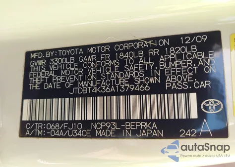 2010 Toyota Yaris из США, поврежденный, VIN JTDBT4K36A1379466